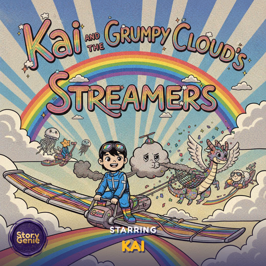 Kai and the Grumpy Cloud's Streamers, a personalized Story Genie book starring Kai