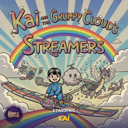 Kai and the Grumpy Cloud's Streamers, a personalized Story Genie book starring Kai