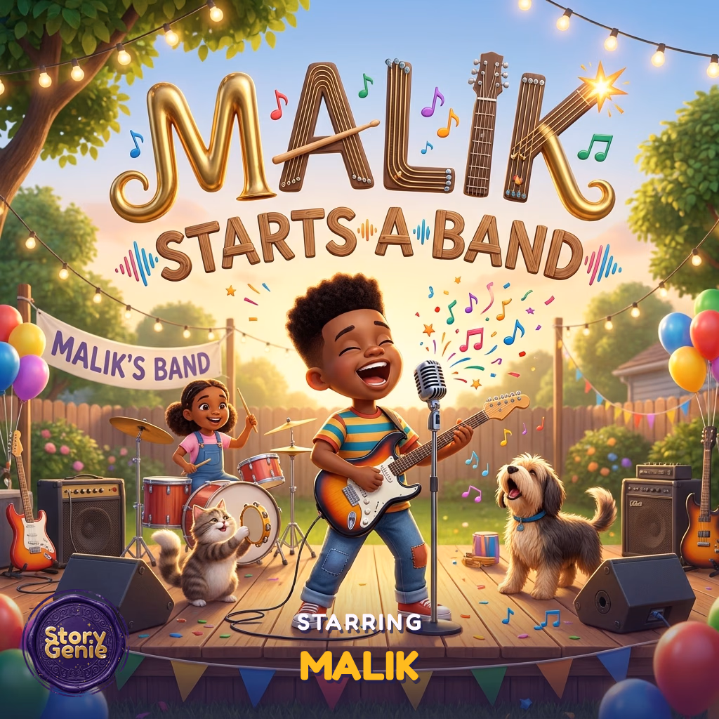 Malik Starts a Band, a personalized Story Genie book starring Malik