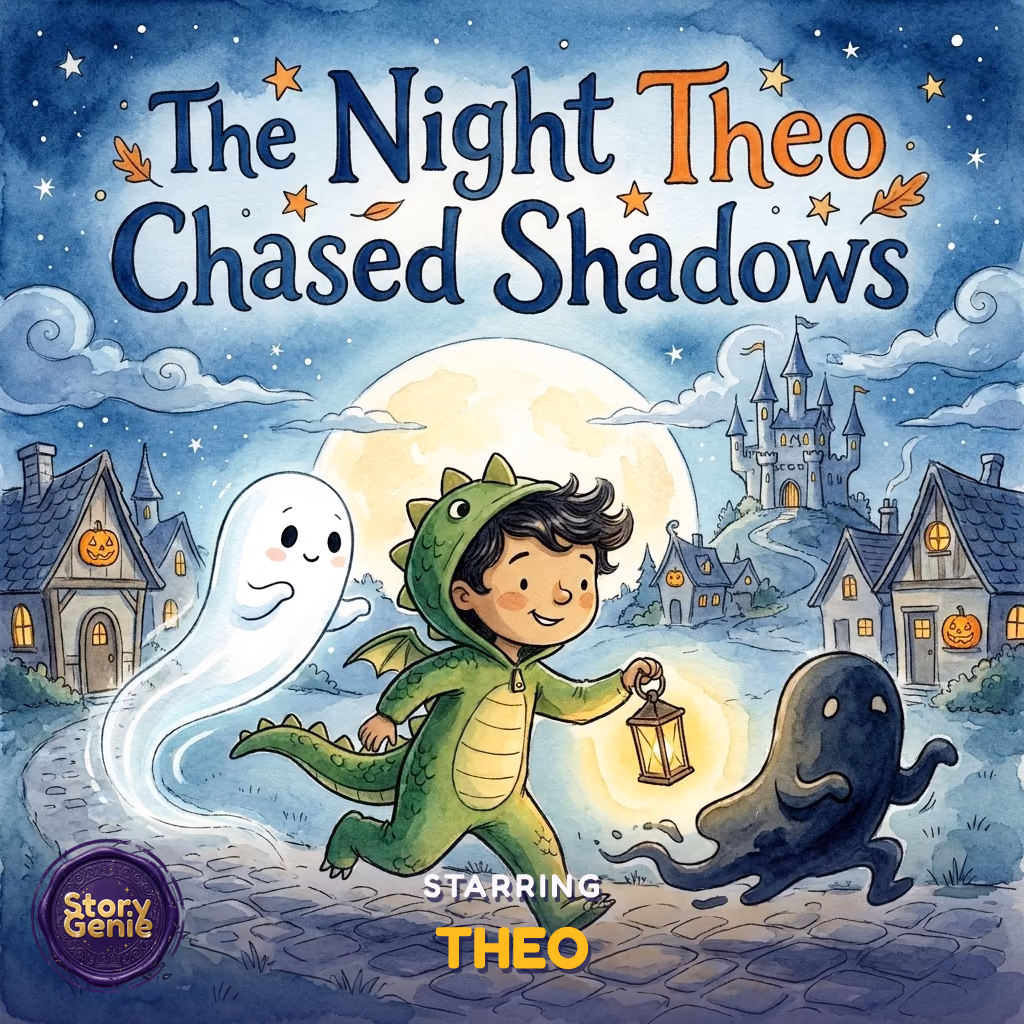 Cover of The Night Theo Chased Shadows, a personalized Halloween story with a boy in a dragon costume and a friendly ghost