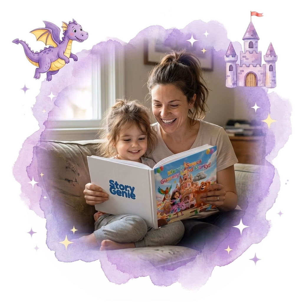 An everyday mom and her young child laughing together as they read their personalized Story Genie hardcover at home
