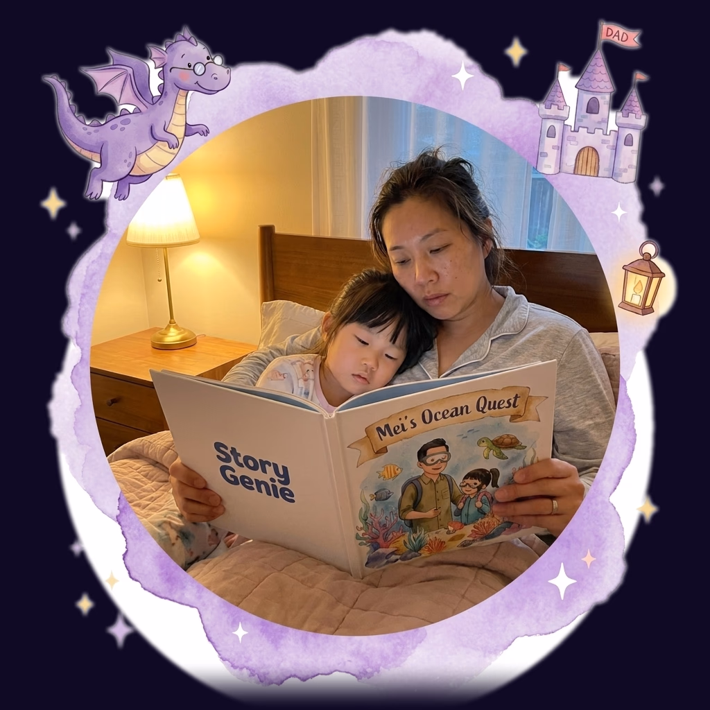 An everyday mom and her young child snuggled in bed reading their personalized Story Genie hardcover by lamplight