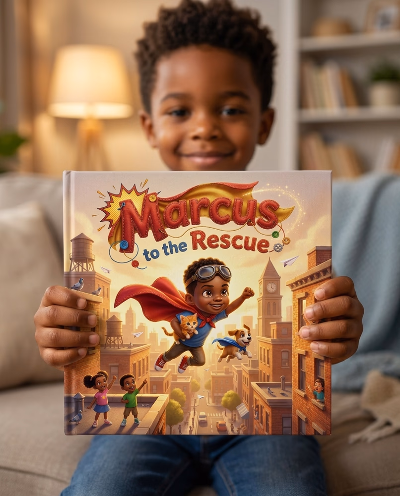 A child holding their finished Story Genie matte hardcover at home