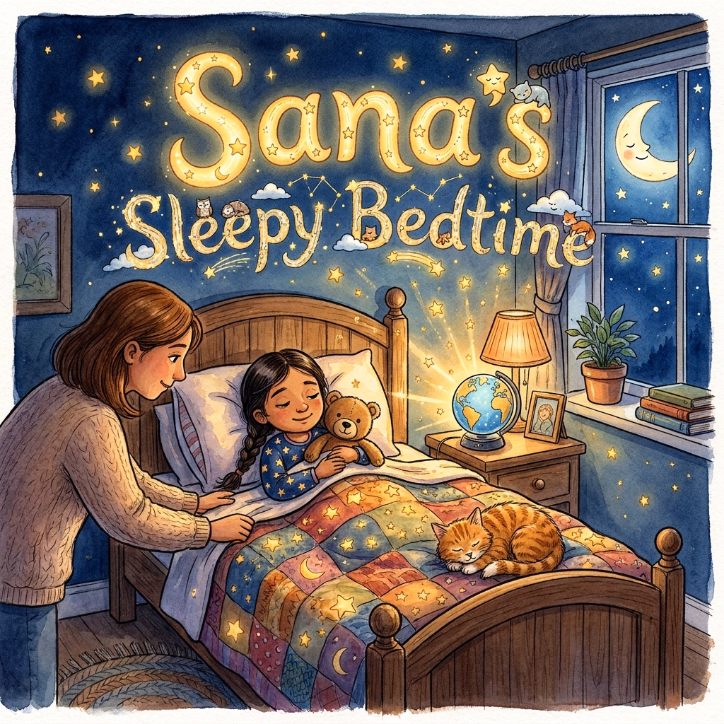 Sana's Sleepy Bedtime, a personalized Story Genie book starring Sana