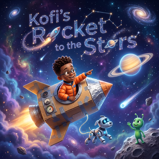 Kofi's Rocket to the Stars, a personalized Story Genie book starring Kofi