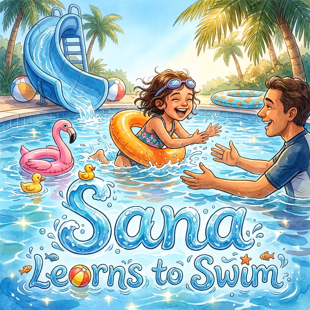 Sana Learns to Swim, a personalized Story Genie book starring Sana